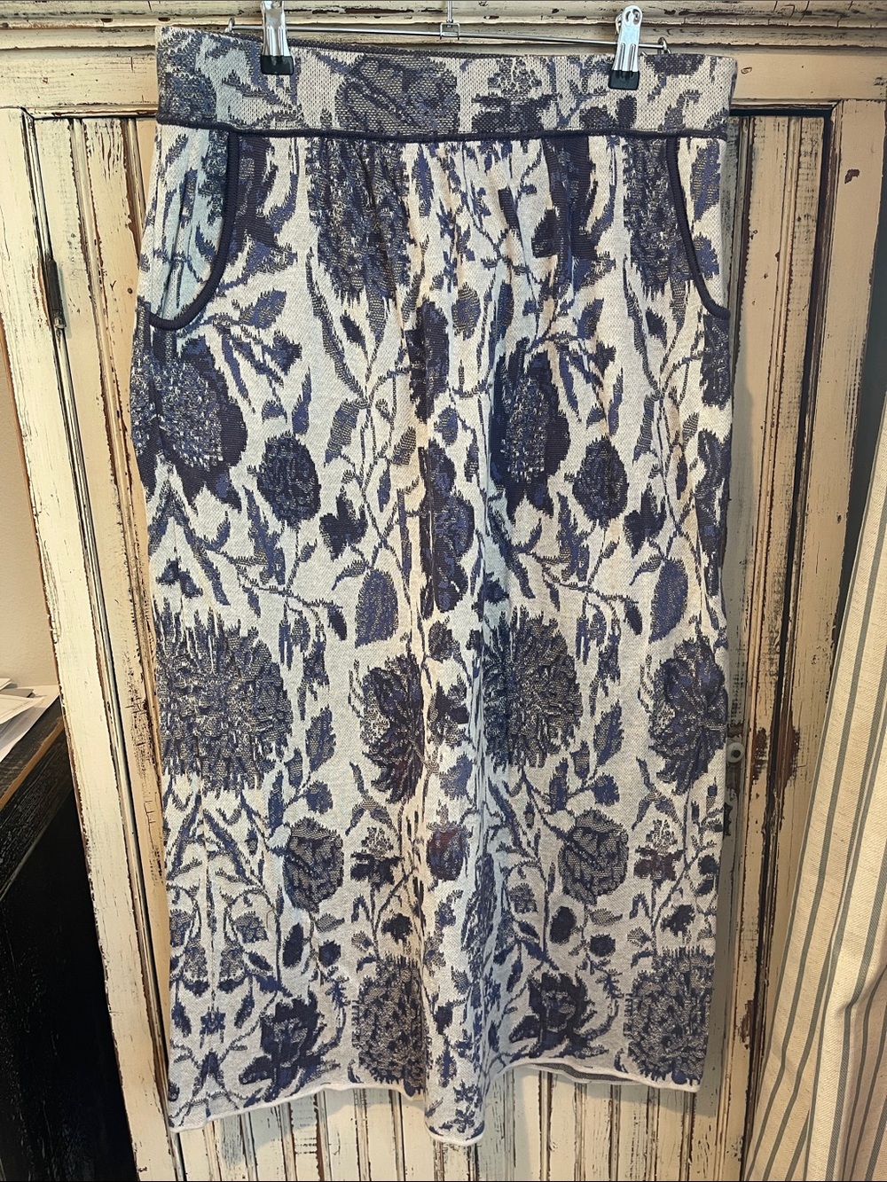 Peruvian Connection Floral Jacquard Maxi Skirt in Blue and White